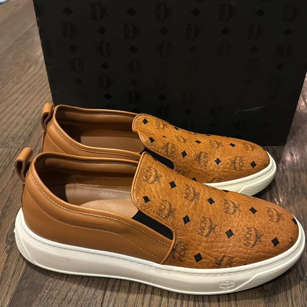 MCM Women's Visetos Slip On Sneakers, cognac size 39